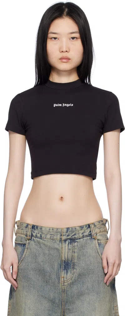 Palm Angels Cropped Black And White Logo T-shirt In Brown