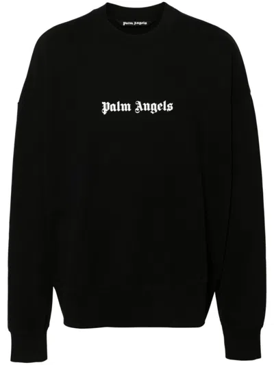 Palm Angels Black Cotton Crew Neck Sweatshirt With White Logo In Multicolor