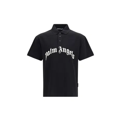 Palm Angels Curved Logo Embroidered Polo Shirt In Black