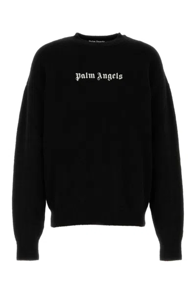 PALM ANGELS BLACK CREWNECK LOGO SWEATER