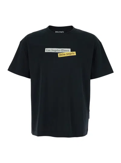 Palm Angels Black Crewneck T-shirt With Logo Print On The Front In Cotton Man