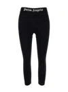 PALM ANGELS BLACK CROPPED LEGGINGS WITH LOGO WAISTBAND IN TECHNICAL FABRIC WOMAN