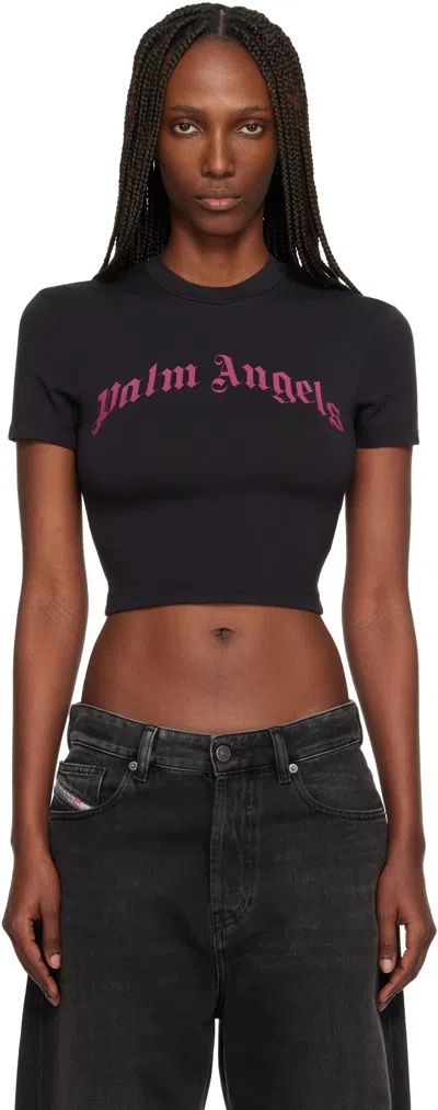 Palm Angels Cropped T-shirt With Gothic Fuchsia Print In Black
