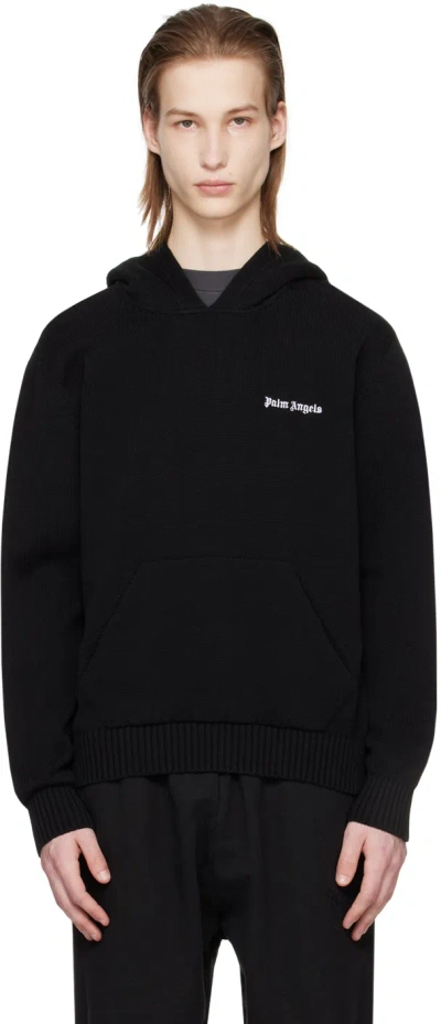 Palm Angels Black Embroidered Hoodie In Black Off White