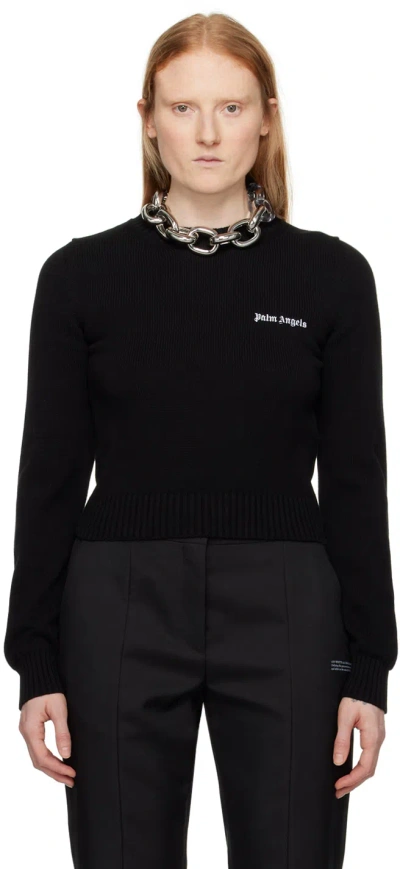 Palm Angels Black Embroidered Sweater In Black Off White