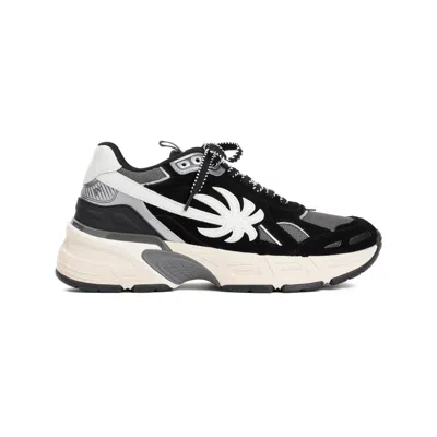PALM ANGELS BLACK LEATHER MEN'S SNEAKERS WITH PALM APPLIQUÉS AND GREY INSERTS