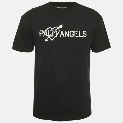 Pre-owned Palm Angels Black Logo Print And Heart Embroidery Cotton Crew Neck T-shirt S