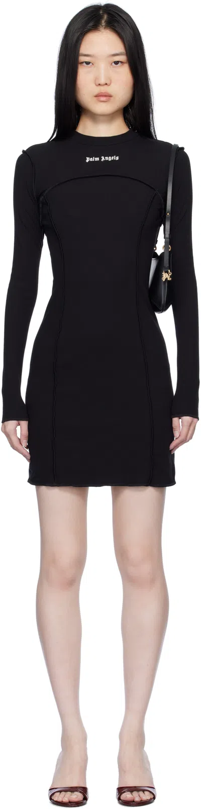 Palm Angels Black Logo Rib Minidress In Black/ Off-white