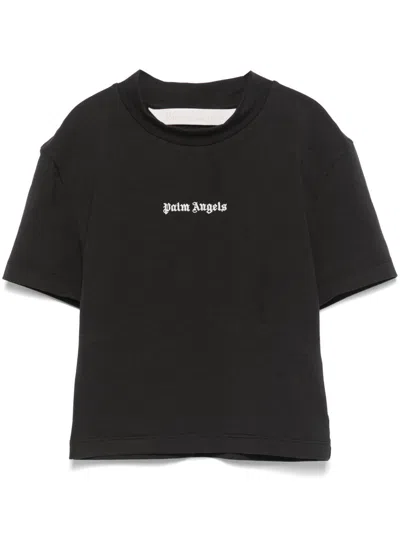 Palm Angels Cropped Black And White Logo T-shirt In Brown