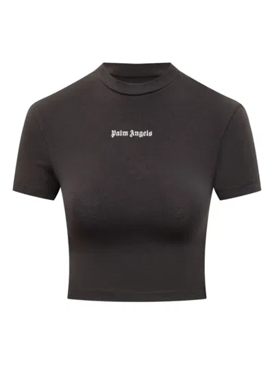 Palm Angels Cropped Black And White Logo T-shirt In Brown