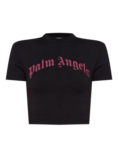 Palm Angels Cropped T-shirt With Gothic Fuchsia Print In Black