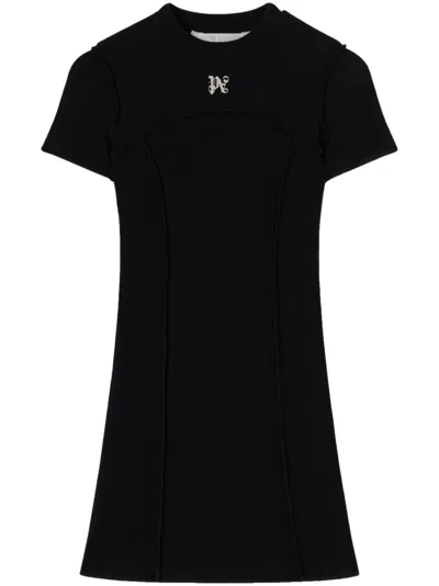 PALM ANGELS BLACK MINI DRESS WITH EMBROIDERED LOGO AND OPEN BACK