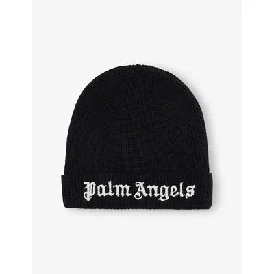 Palm Angels Kids' Black Off White Logo-embroidered Ribbed Knitted Beanie 1-2 Year