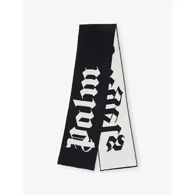 Palm Angels Kids' Black Off White Rectangular Logo Cotton-and-wool Scarf