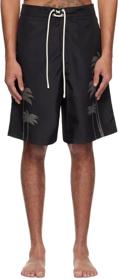 Palm Angels Black Palms Print Swim Shorts In Black - Black