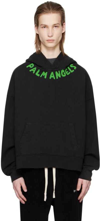 Palm Angels Black Printed Hoodie In Black Green Fluo