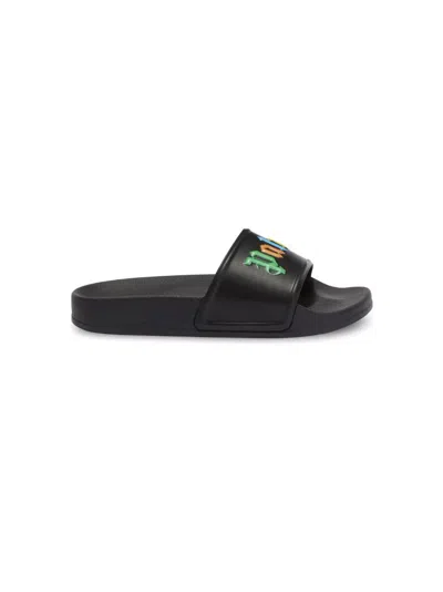 Palm Angels Kids' Black Slippers With Multicoloured Logo