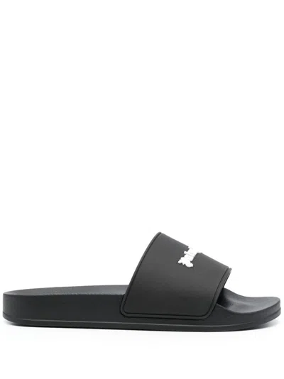PALM ANGELS BLACK SLIPPERS WITH WHITE LOGO