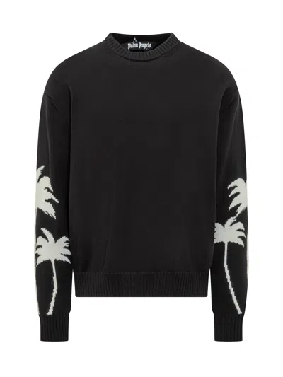Palm Angels Black Sweater With Palms Motifs In Cotton And Wool Blend Man