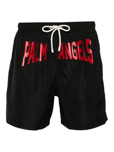 Palm Angels Black Swim Shorts In Red