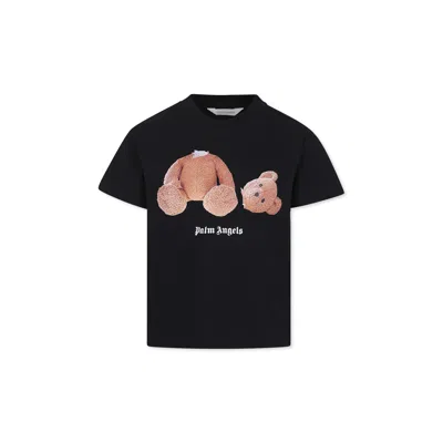 PALM ANGELS BLACK T-SHIRT FOR BOY WITH BEAR