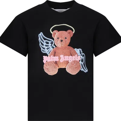 PALM ANGELS BLACK T-SHIRT FOR GIRL WITH BEAR