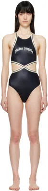 Palm Angels Curved Logo Print One-piece Swimsuit In Black Off White