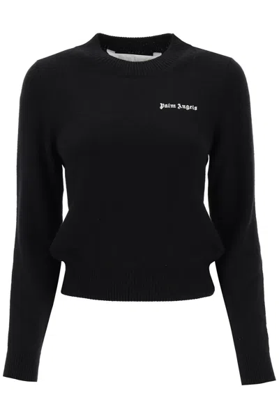 PALM ANGELS BLACK WOMEN'S WOOL-CASHMERE BLEND CROPPED SWEATER WITH LOGO PRINT