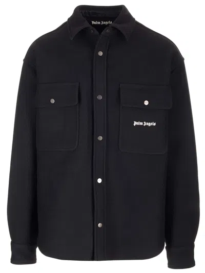 PALM ANGELS BLACK WOOL OVERSHIRT WITH LOGOS