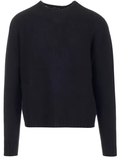 Palm Angels Black Wool Sweater With White Curved Logo On The Back In Nero