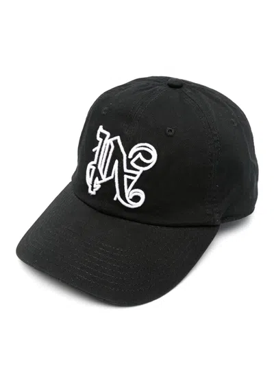 Palm Angels Black Baseball Cap With Embroidered Monogram In Cotton Man