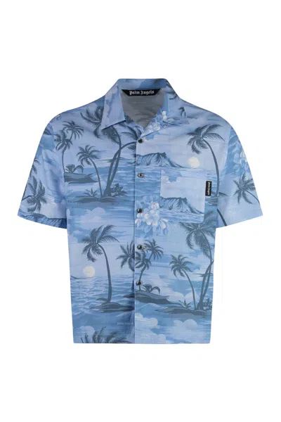Palm Angels Blend Printed Cotton Shirt In Light Blue