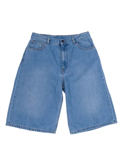 Palm Angels Logo Baggy Denim Bermuda Girl In Blue
