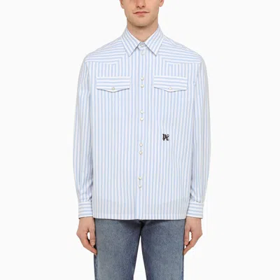Palm Angels Light Blue Monogram Striped Shirt In White