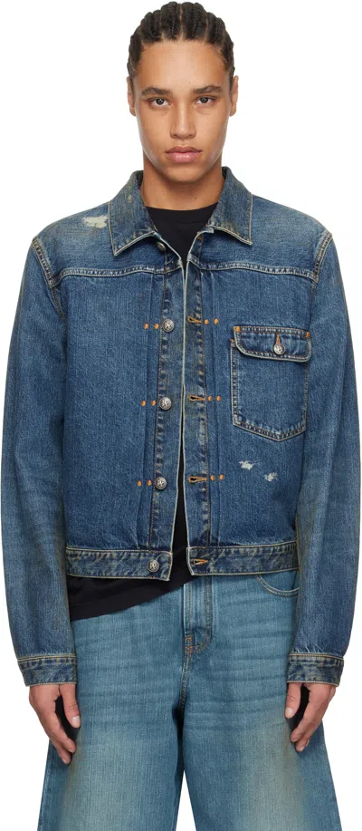 Palm Angels Blue Curved Logo Denim Jacket In Blue - Light Bl