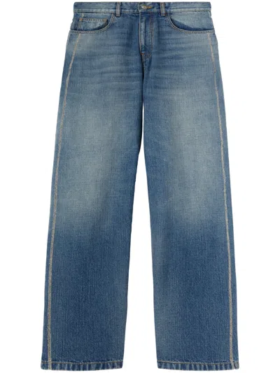PALM ANGELS BLUE CURVED LOGO LOOSE FIT JEANS