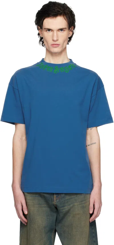 Palm Angels Blue Flame Logo T-shirt In Blue - Green