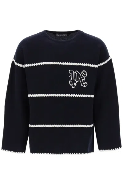 Palm Angels Blue Knit Pullover With Contrast Embroideries For Men