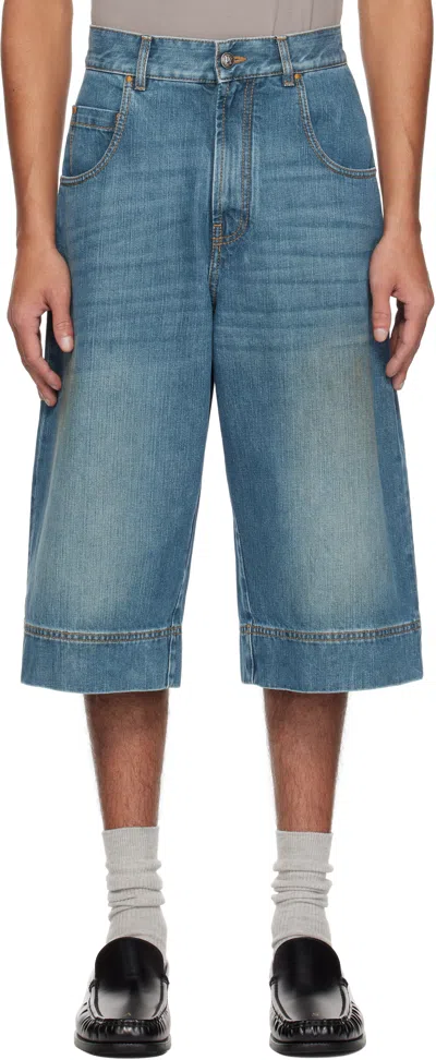 Palm Angels Blue Lasered Curved Logo Denim Shorts In Blue - Green