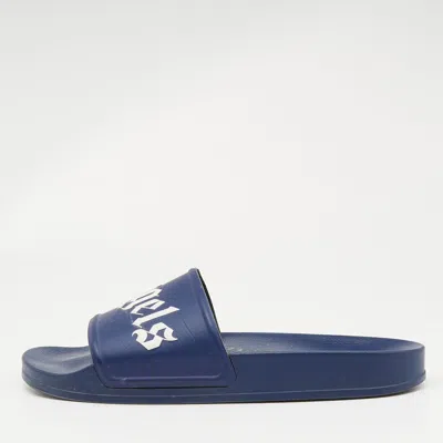 Pre-owned Palm Angels Blue Leather Logo Flat Slides Size 45