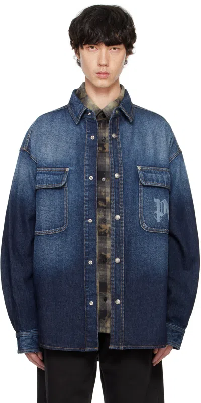 Palm Angels Blue Midnight Monogram Denim Overshirt In Blue Off W