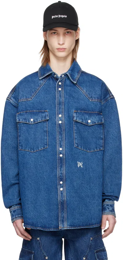 Palm Angels Blue Monogram Denim Shirt In Light Blue