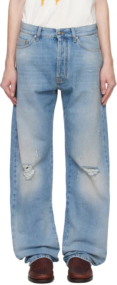 Palm Angels Blue Monogram Series Loose Fit Jeans In Light Grey