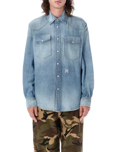 PALM ANGELS BLUE PA MONOGRAM DENIM SHIRT