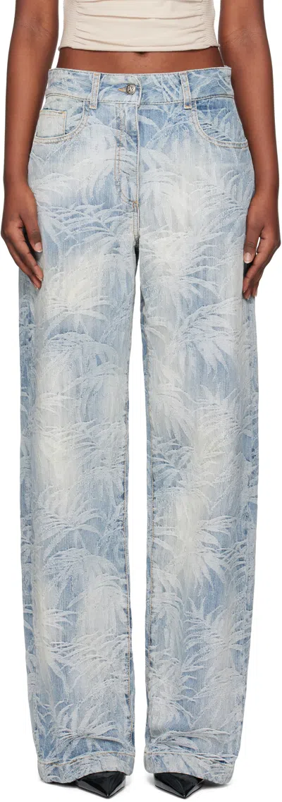 PALM ANGELS BLUE PALMS JACQUARD LOOSE JEANS