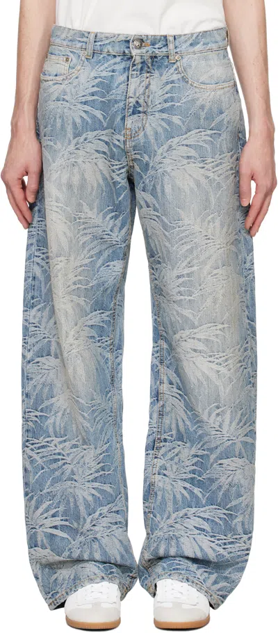 Palm Angels Blue Palms Wash Loose Jeans In Indigo Blue Off