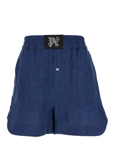 PALM ANGELS BLUE SHORTS WITH MONOGRAM IN LINEN WOMAN