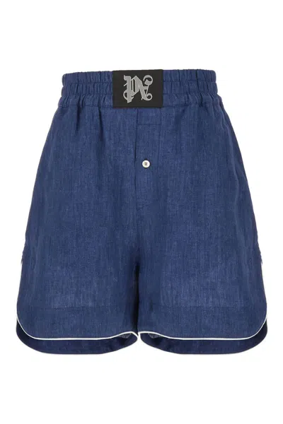 PALM ANGELS BLUE SHORTS WITH MONOGRAM IN LINEN WOMAN