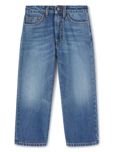 Palm Angels Kids' Blue Straight-leg Jeans With Curved Logo