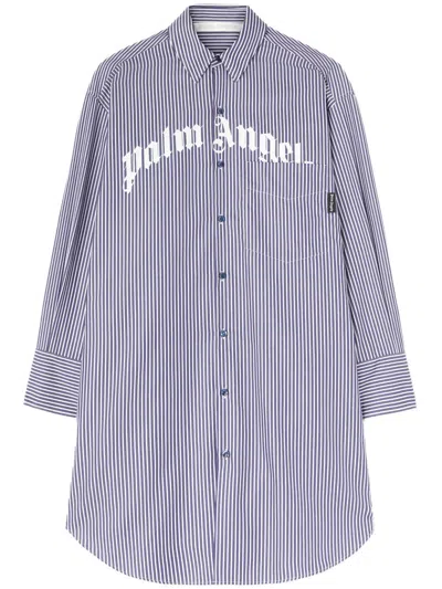 Palm Angels Striped Logo Print Midi Shirt Dress In Navy Blue - Off White